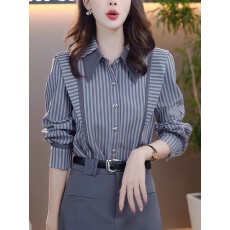 批发长袖条纹衬衫女士2025早秋季新款时尚减龄气质休闲显瘦设计感上衣