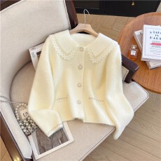 批发小香风<b class='q'>蕾丝</b>花边娃娃领毛衣外套女短款秋冬宽松仿水貂绒针织开衫女