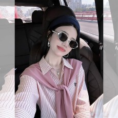 批发时尚粉红色polo领条纹衬衫配披肩两件套女秋冬新款好看穿搭上衣服