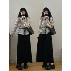 批发实拍大码女装胖mm2026春季竖条长袖镂空罩衫背心长裙宽松两件套装