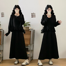 批发实拍大码女装胖mm春季宽松遮肉卫衣套装裙荷叶边上衣半身裙两件套