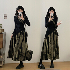 批发实拍<b class='q'>大码</b><b class='q'>女</b>装胖mm春季新中式水墨扎染拼接<b class='q'>连衣裙</b>收腰显瘦气质长<b class='q'>裙</b>