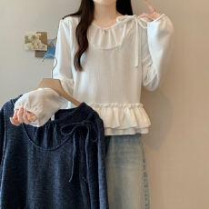 批发实拍大码女装微胖mm秋季假两件系带衬衫荷叶边拼接减龄泡泡袖上衣