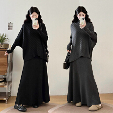 批发实拍<b class='q'>大码</b>女装胖mm秋冬宽松高领蝙蝠袖不规则斗篷毛衣半身裙两件套