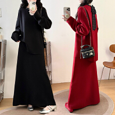 批发实拍大码女<b class='q'>冬</b>季胖mm韩版系带波点蝴蝶结宽松加厚毛衣半身裙两件套