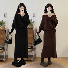 批发实拍<b class='q'>大码</b>女装胖mm秋冬一字领蝙蝠袖不规则针织毛衣半身裙两件套装