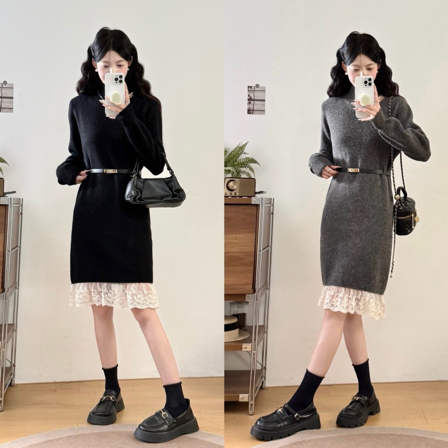실사 빅 사이즈 여성 의류 지방 mm 가을 겨울 반하이넥 홀로우 아웃 레이스 조각 허리 수축 슬림해 보이는 니트 드레스 복장