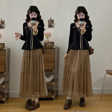 批发实拍大码女装胖mm春季方领蕾丝拼接长袖上衣网纱半身裙洋气两件套