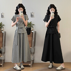 批发实拍大码女装胖mm夏季一字领系带蝴蝶结短袖上衣休闲半身裙两件套