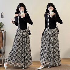 批发实拍大码女装胖mm春<b class='q'>夏</b>法式一字领针织拼接假两件格子荷叶边连衣裙