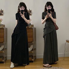 批发实拍大码女装胖mm夏季<b class='q'>不规则</b>褶皱短袖上衣显瘦<b class='q'>半身裙</b>慵懒风两件套