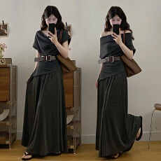 批发实拍大码女装胖mm夏季高级感<b class='q'>不规则</b>荡领短袖上衣<b class='q'>半身裙</b>休闲两件套