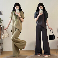 批发实拍大码女装胖mm夏季休闲<b class='q'>套装</b><b class='q'>蕾丝</b>披肩短袖上衣宽松阔腿裤三件套