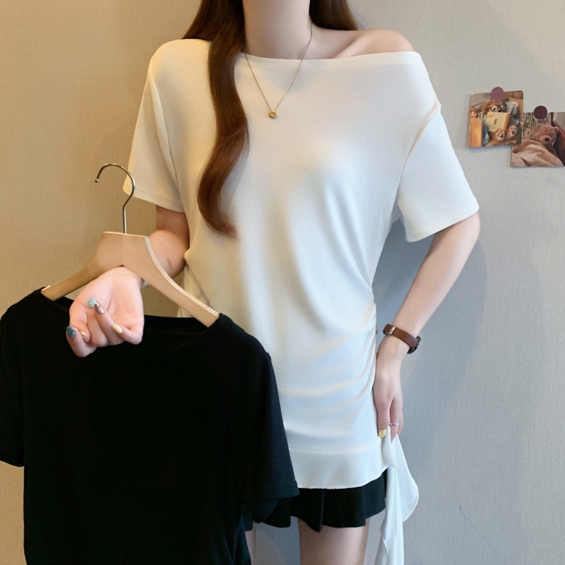 실사 빅 사이즈 여성 의류 지방 mm 여름 한 단어 수신 Pleat 프릴 밑단 캐주얼 맨위 루즈핏 반팔 T