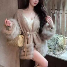 批发季真狐狸毛皮草针织开衫外套女中长款收腰白色毛衣