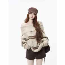 批发韩综女<b class='q'>明星</b> 慵懒条纹一字肩宽松软糯毛衣针织衫条纹上衣秋冬新<b class='q'>款</b>