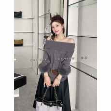 批发大码纯欲风斜肩蝙蝠袖套头毛衣女<b class='q'>宽松</b>长袖针织衫慵懒风中长款上衣