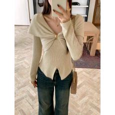 批发韩国东大门新款女秋季法式翻领宽松长袖女针织宽松遮肉休闲外穿