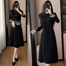 批发大码女装 实拍 2026春季新款长袖新中式国风<b class='q'>复古</b>刺绣两件套连衣裙