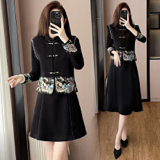 批发大码女装 实拍 2026春季新款长袖新中式国风<b class='q'>复古</b>刺绣两件套连衣裙