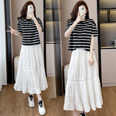 批发2026夏新款设计感蝴蝶结圆领短袖T恤+蕾丝拼接洋气显瘦长款a字裙