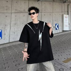 批发<b class='q'>嘻哈</b>潮牌高街重磅圆领拉链半袖T恤设计感麂皮五分袖短袖男