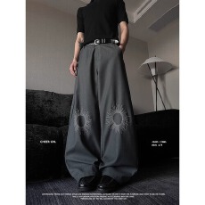批发美式设计高级感刺绣灰色休闲西裤男女弧形垂感阔腿弯刀长裤子