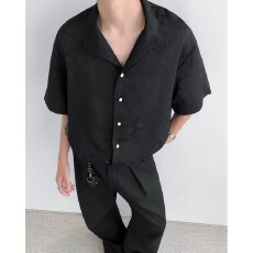 批发新中式暗纹短袖衬衫男款夏季宽松潮牌国风痞帅高级感立领衬衣外套