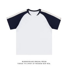 批发夏季新款<b class='q'>日系</b><b class='q'>复古</b>拼接设计款凉感短袖T恤情侣款休闲百搭运动上衣