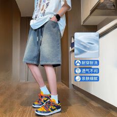 星空纹牛仔短裤男女生夏季薄款美式高街潮牌宽松直筒情侣五分中裤