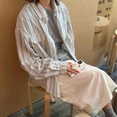 批发中性复古条纹<b class='q'>衬衫</b>男女生外套春秋新款情侣设计感小众上衣长袖<b class='q'>衬衣</b>