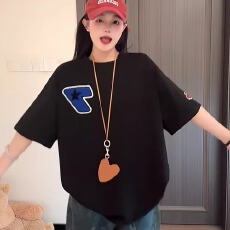 批发美式高街数字毛巾绣纯棉重磅t恤女夏季短袖体恤宽松百搭学生上衣