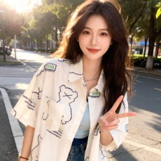 批发美式宽松小熊日系短袖衬衫印花春夏少女设计学生卡通衬衣上衣潮流