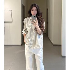 批发春夏泡泡纱条纹<b class='q'>衬衫</b>男女设计感正肩长袖<b class='q'>衬衣</b>情侣美式cleanfit薄款