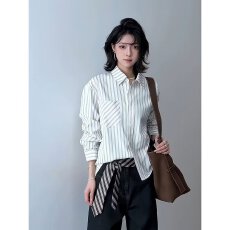 批发春夏泡泡纱条纹<b class='q'>衬衫</b>情侣设计感正肩长袖<b class='q'>衬衣</b>男女美式cleanfit薄款