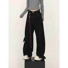 批发美式复古红色明线工装弯刀牛仔裤男女解构设计感阔腿裤宽松镰刀裤