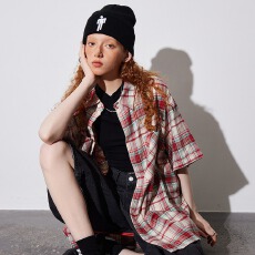 批发美式夏季复古格纹磨毛短袖<b class='q'>衬衫</b>男女潮牌休闲宽松百搭外套<b class='q'>衬衣</b>潮牌