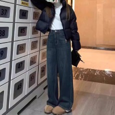 批发蓝灰色直筒牛仔裤女春<b class='q'>秋</b>新款大码梨形身材胖mm宽松显瘦高腰阔腿裤