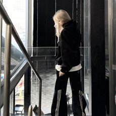 批发辣妹美式解构条纹拼接泼墨情侣弯刀牛仔裤男女设计感宽松阔腿<b class='q'>裤子</b>