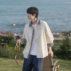 批发美式假两件拼接条纹长袖衬衫男女春<b class='q'>秋</b>宽松工装衬衣情侣日系外套