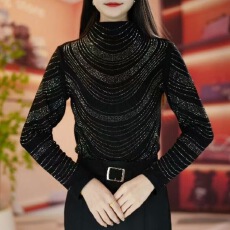 批发烫钻显瘦洋气时尚百搭长袖半高领<b class='q'>女士</b>女款上衣打底衫简约修身<b class='q'>小衫</b>