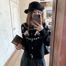 批发官图费尔岛撞色小马提花气质减龄长袖针织开<b class='q'>衫</b>毛衣女秋冬显瘦上衣