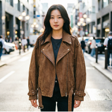 批发复古美拉德麂皮加绒短款咖色皮衣外套女<b class='q'>秋</b>冬季翻领机车飞行皮夹克