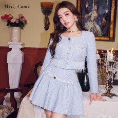 批发Misi.Camii2026早秋新款时尚<b class='q'>名媛</b>气质小香风钻饰链条缩褶高腰半裙