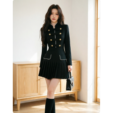批发法式大方得体黑色修身收腰连衣裙女秋<b class='q'>冬</b>新款气质小香风双排扣短裙
