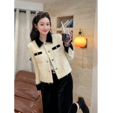 小鸡黄拉毛丝绒撞色条羊毛小香风外套女秋季设计感气质上衣