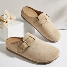 批发惠东代发秋冬季女圆头软底平底纯色包头一脚蹬勃肯鞋