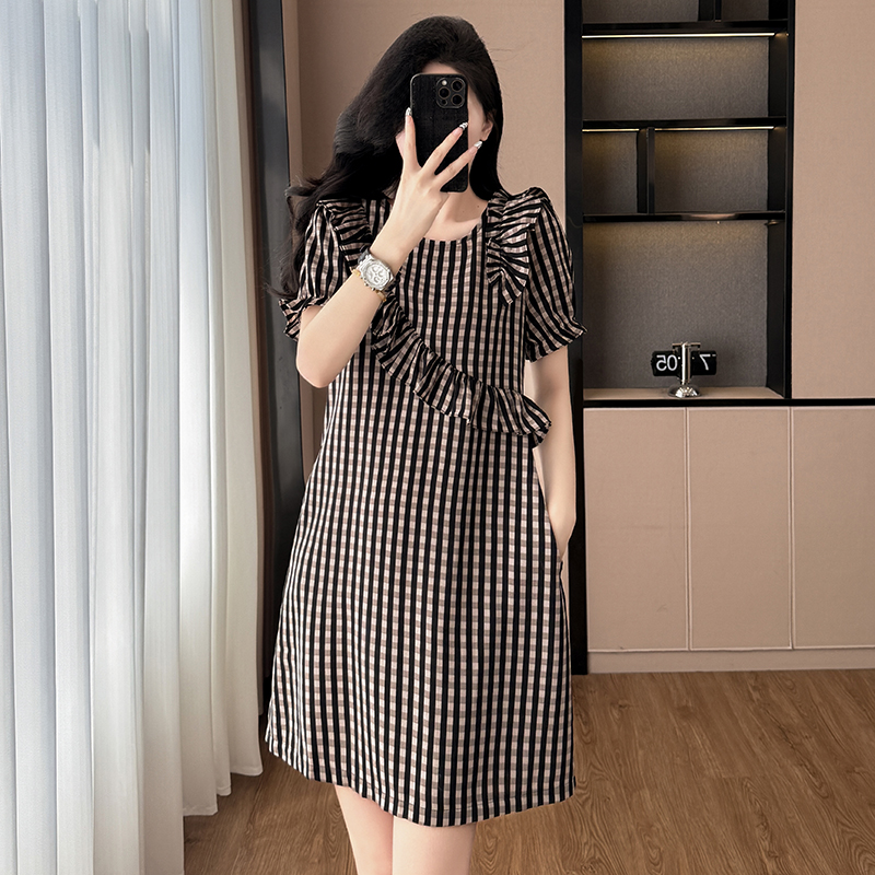 패션 외국 가스 체크무늬 루즈핏 슬림해 보이는 빅 사이즈 여성 의류 지방 mm 통통한 여동생 반팔 드레스 여름 새로운 한국 스타일