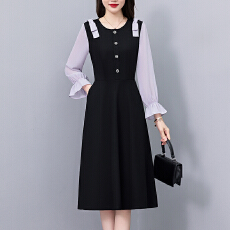批发拼接撞色淑女风修身中长款大码女装胖mm胖妹妹长袖连衣裙<b class='q'>春</b>秋新款