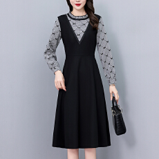 批发千鸟格印花植绒假两件套大码女装胖mm修身中长款<b class='q'>春</b>秋季新款连衣裙